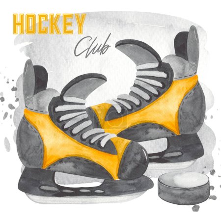 Hockey skates and puck for hockey club Watercolor hockey card 