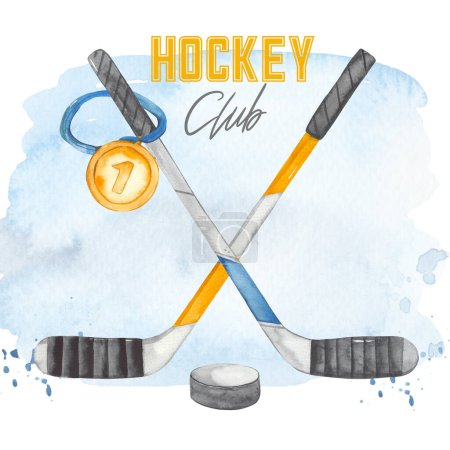 Sticks, puck for hockey club Watercolor hockey card 
