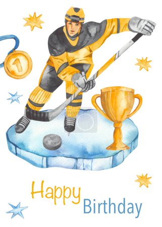 Hockey player, cup, medal for boy Watercolor hockey happy birthday card 