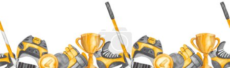 Hockey items, stick, cup, puck, helmet for prints and textures on a white background Watercolor seamless border