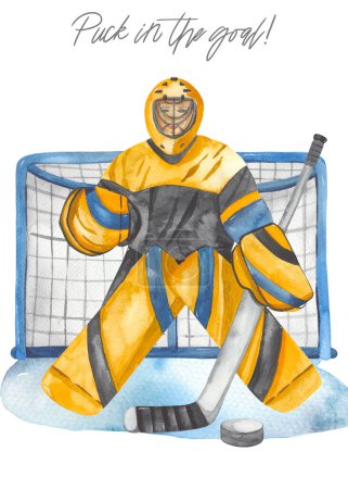 Hockey goalie on goal with puck for invitations and cards Watercolor premade card