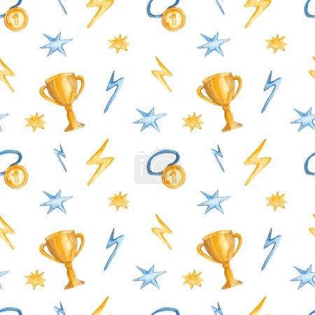 Hockey items, cup, medal, stars for prizes and textures on a white background Watercolor seamless pattern