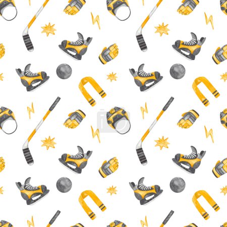 Hockey items, hockey skates, stick, puck, helmet for prints and textures on a white background Watercolor seamless pattern 