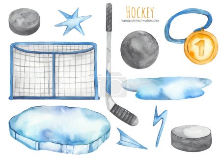 Téléchargez les photos : Hockey but, glace, médaille, bâton, rondelle, pour cartes, invitations, garçons Aquarelle clipart Hockey - en image libre de droit