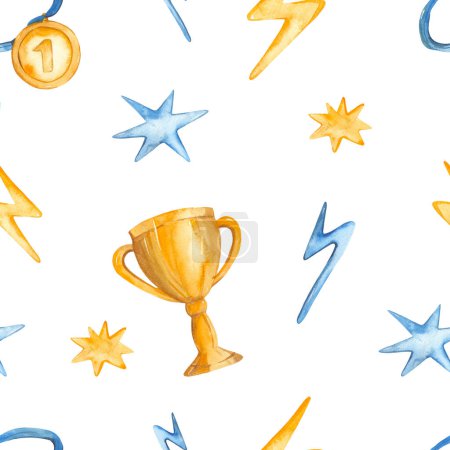 Hockey items, cup, medal, stars for prizes and textures Watercolor seamless pattern 
