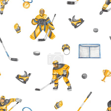 Hockey player, goalkeeper, stick, cup, puck, cup for prints and textures  Watercolor seamless pattern 