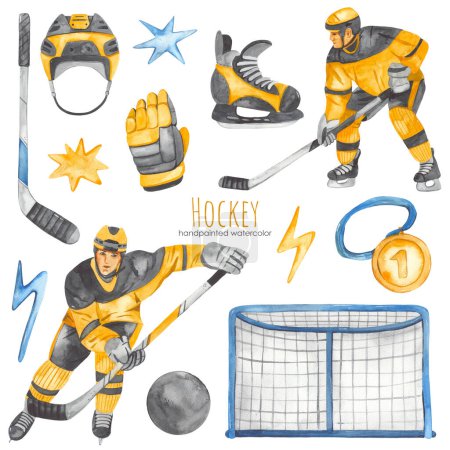 Hockey players, stick, gloves, helmet, skates, cup, puck, for cards, invitations, boys Watercolor clipart Hockey 