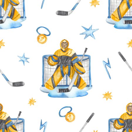 Hockey goalie, stick, medal, goal for prints and textures Watercolor seamless pattern