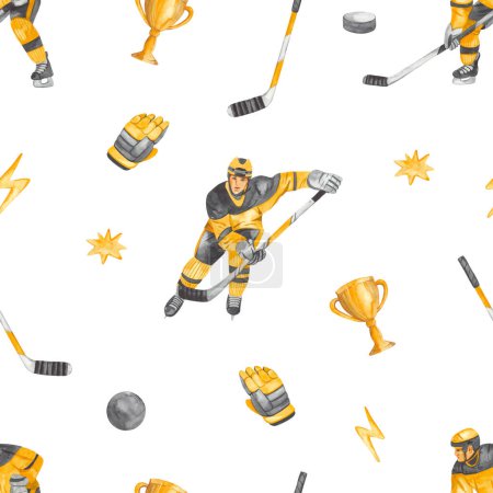 Hockey player, stick, cup, puck, for prints and textures Watercolor seamless pattern