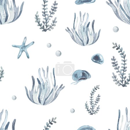 Underwater creatures with corals, seaweed, starfish, blue jellyfish for prints and texturesWatercolor seamless pattern