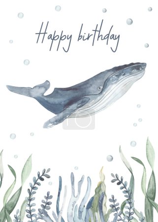 Téléchargez les photos : Baleine, étoiles de mer algues pour cartes et invitation Composition aquarelle avec des créatures sous-marines - en image libre de droit