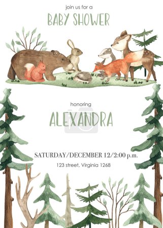 Cute forest animals, fox, bear, deer, hedgehog, hare, spruce, trees, plants for baby cards, invitations, baby room Watercolor baby shower 