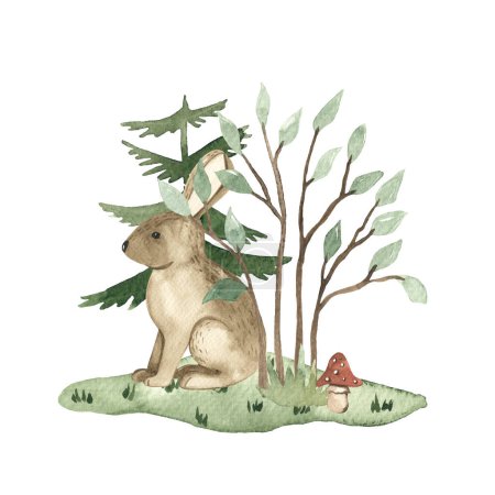Foto de Animales lindos del bosque, liebre bajo un arbusto, abeto, setas para tarjetas de bebé, invitaciones, duchas de bebé Composición acuarela - Imagen libre de derechos