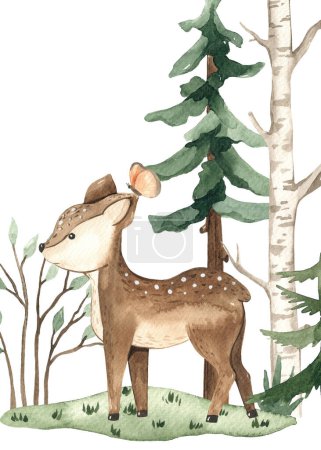Fawn in the forest among the trees for baby cards, invitations, baby showers Watercolor premade card, baby deer
