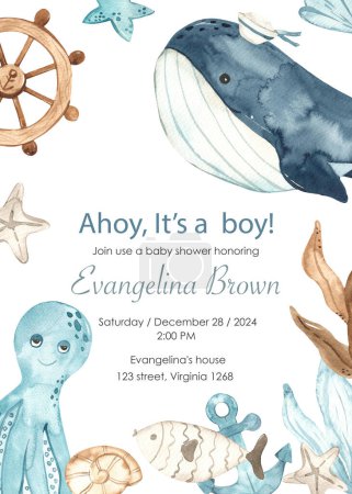 Blue whale, octopus, underwater creatures, seaweed for baby invitations and cards, it's a boy Watercolor baby shower nautical