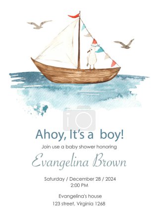 Ship, yacht, seagull, for baby invitations and cards, it's a boy Watercolor baby shower nautical 