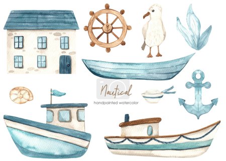 Ship, yacht, boat, longboat, house in blue, crab, anchor, seagull, helm, seaweed for children's invitations and cards Watercolor nautical set clipart