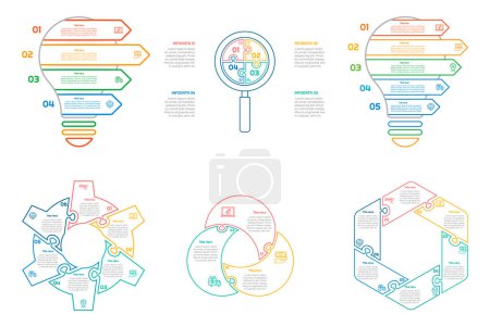 Ilustración de Conjunto de paquetes de infografía con 3, 4, 5, 6 pasos, opciones o procesos para el diseño del flujo de trabajo, diagrama, informe anual, presentación y diseño web. - Imagen libre de derechos