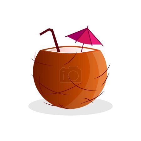 Téléchargez les illustrations : Cocktail de plage coco icon.Pina colada en noix de coco avec paille, parapluie, fleur.Concept tropical estival d'une bannière.. - en licence libre de droit