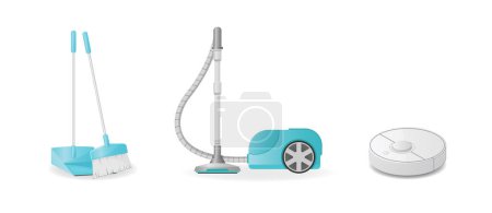 Illustration for Various cleaning devices: broom and scoop, regular vacuum cleaner, robot vacuum cleaner. - Royalty Free Image