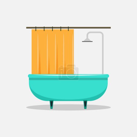 Bathroom empty illustration, flat cartoon bath and shower, bathtub clipart image