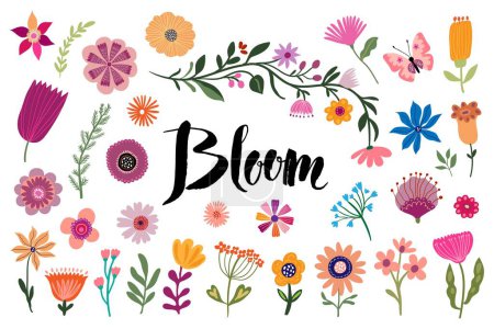 Téléchargez les illustrations : Collection printemps été avec fleurs en fleurs, différents types de fleurs, design décoratif, vecteur isolé sur blanc - en licence libre de droit