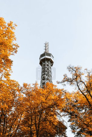 Photo for Petrin tower with yellow leafs around in autumn time. Vertical photo of Petrin lookout tower. - Royalty Free Image