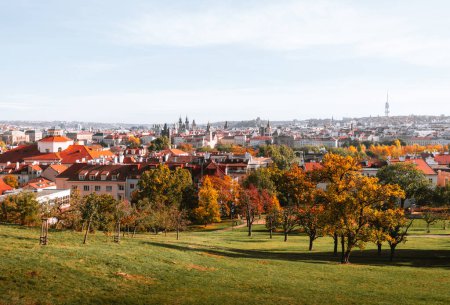 Photo for Beautiful park in Prague (Large Strahov garden) with colorful yellow-orange trees and amazing  view of city on background during the warm autumn day. - Royalty Free Image