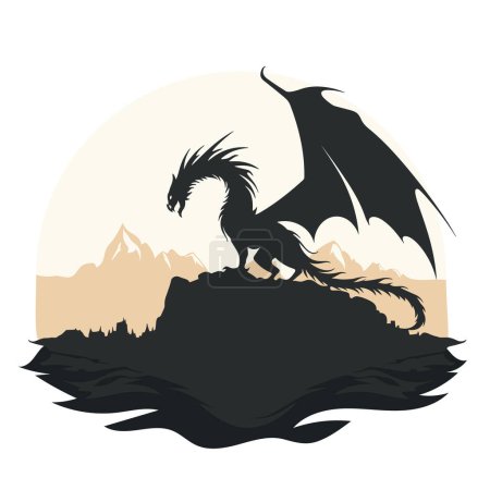 Photo for Black dragon vector illustration, sitting on a rock - Royalty Free Image