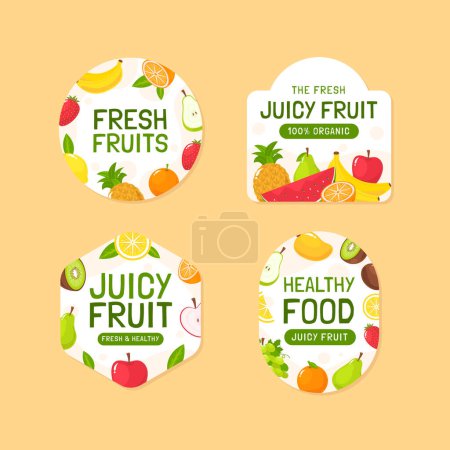Foto de Colección de etiquetas de frutas jugosas dibujadas a mano con piezas de fruta fresca - Imagen libre de derechos