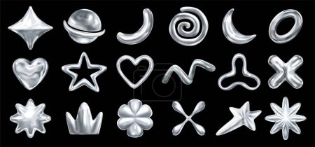 Realistic Y2K chrome elements collection with abstrac metallic shapes