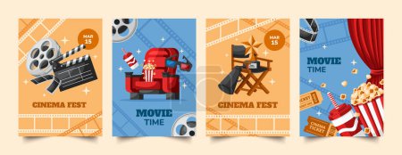 Téléchargez les photos : Set de cartes de cinéma plat dessiné à la main collection avec éléments de film - en image libre de droit