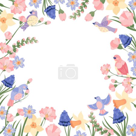Foto de Fondo plano de primavera dibujado a mano con flores florecientes y aves - Imagen libre de derechos