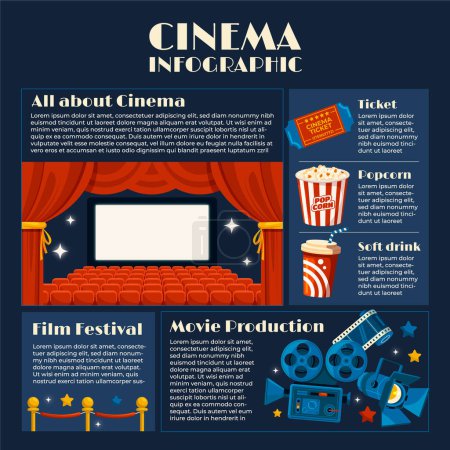 Téléchargez les photos : Modèle infographique de cinéma plat dessiné à la main avec un théâtre et f - en image libre de droit