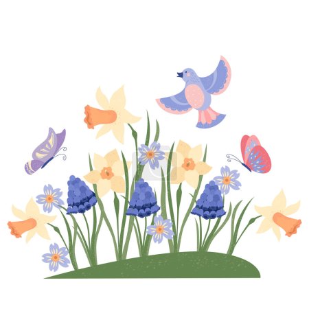 Téléchargez les photos : Composition ressort plat dessinée à la main avec fleurs et oiseaux - en image libre de droit
