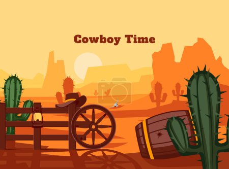 Téléchargez les photos : Fond de cow-boy dessiné à la main avec coucher de soleil dans le paysage ouest sauvage - en image libre de droit