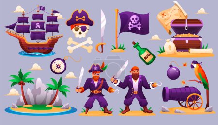 Téléchargez les photos : Ensemble de pirates plats élément original collection avec des personnages - en image libre de droit