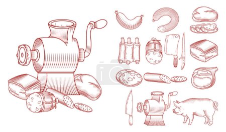 Téléchargez les photos : Icônes de boucherie en style dessiné à la mainBoucherie en style dessiné à la main - en image libre de droit