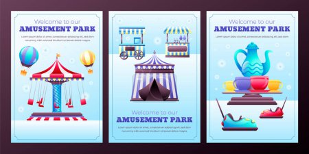 Photo for Amusement park flat cartoon card set - Royalty Free Image
