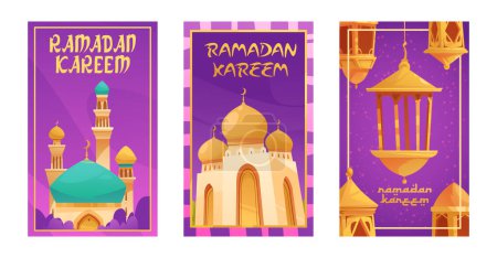 Téléchargez les photos : Dessin à la main dessin animé plat ramadan cartes collection avec islamic mo - en image libre de droit