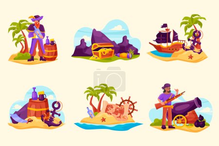 Pirate adventure illustrations in flat design