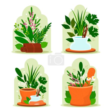 Hand drawn flat herbs mini composition set with plant pots