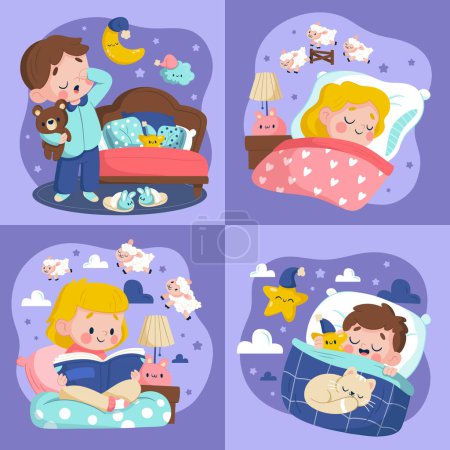 Bedtime illustrations in flat cartoon style