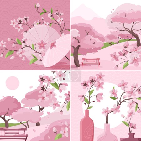 Photo for Hand drawn sakura tree composition set - Royalty Free Image