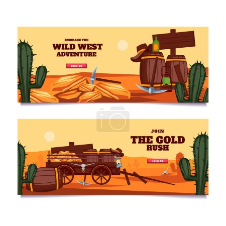 Photo for Hand drawn cowboy horizontal banner template set collection - Royalty Free Image