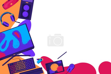 Photo for Hand drawn flat computing background with computer accessories - Royalty Free Image