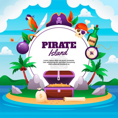 Téléchargez les photos : Modèle de cadre de pirates plat avec pièce de monnaie poitrine et île - en image libre de droit
