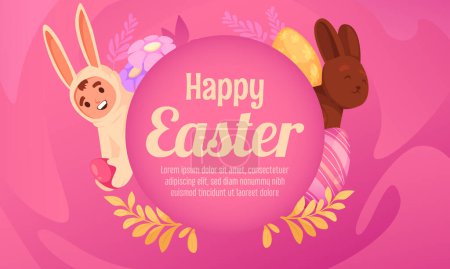 Téléchargez les photos : Modèle de fond de Pâques dessin animé plat à la main avec omble garçon - en image libre de droit