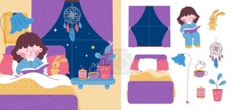 Bedtime illustration and icons in hand drawn design