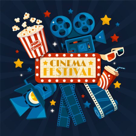 Hand drawn flat festival cinema composition background with film